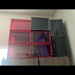 Red shoe storage boxes